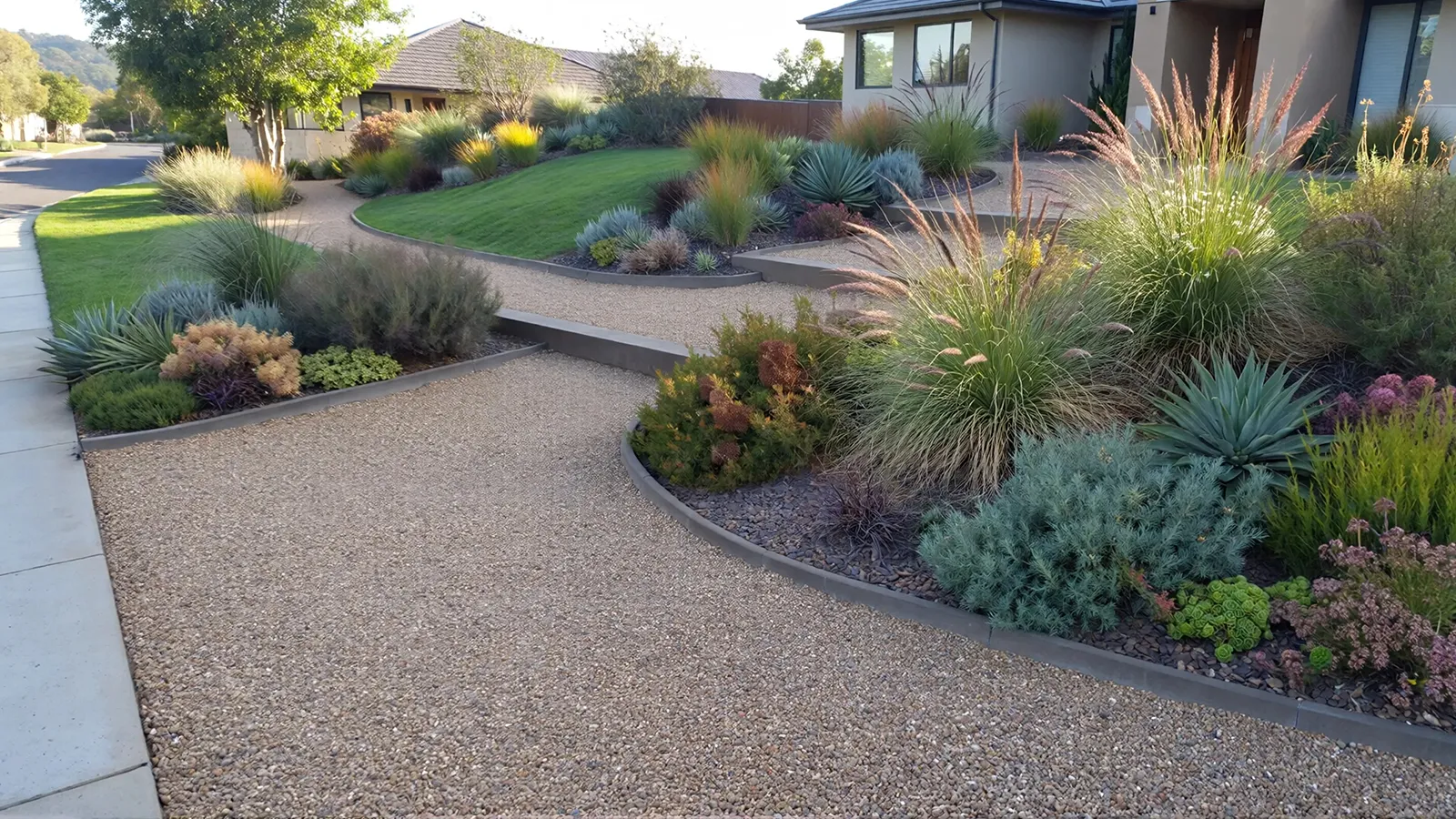 A lawn-free front yard designed to manage water through permeable surfaces, planting beds, and subtle grading.