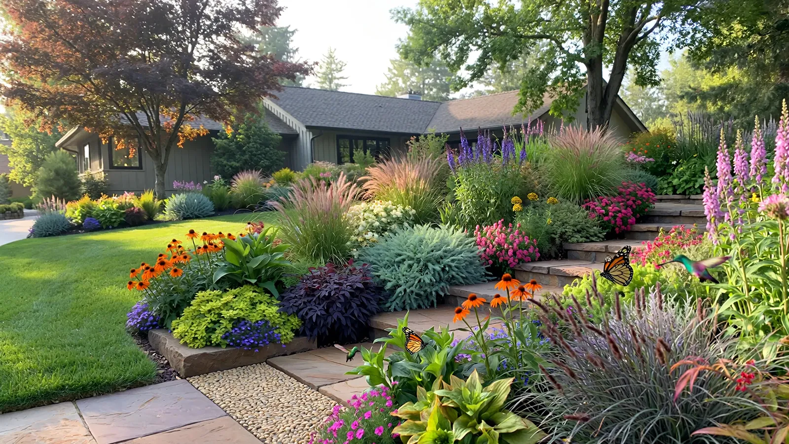 A front yard planted with native species that support pollinators while keeping walkways clear and welcoming.