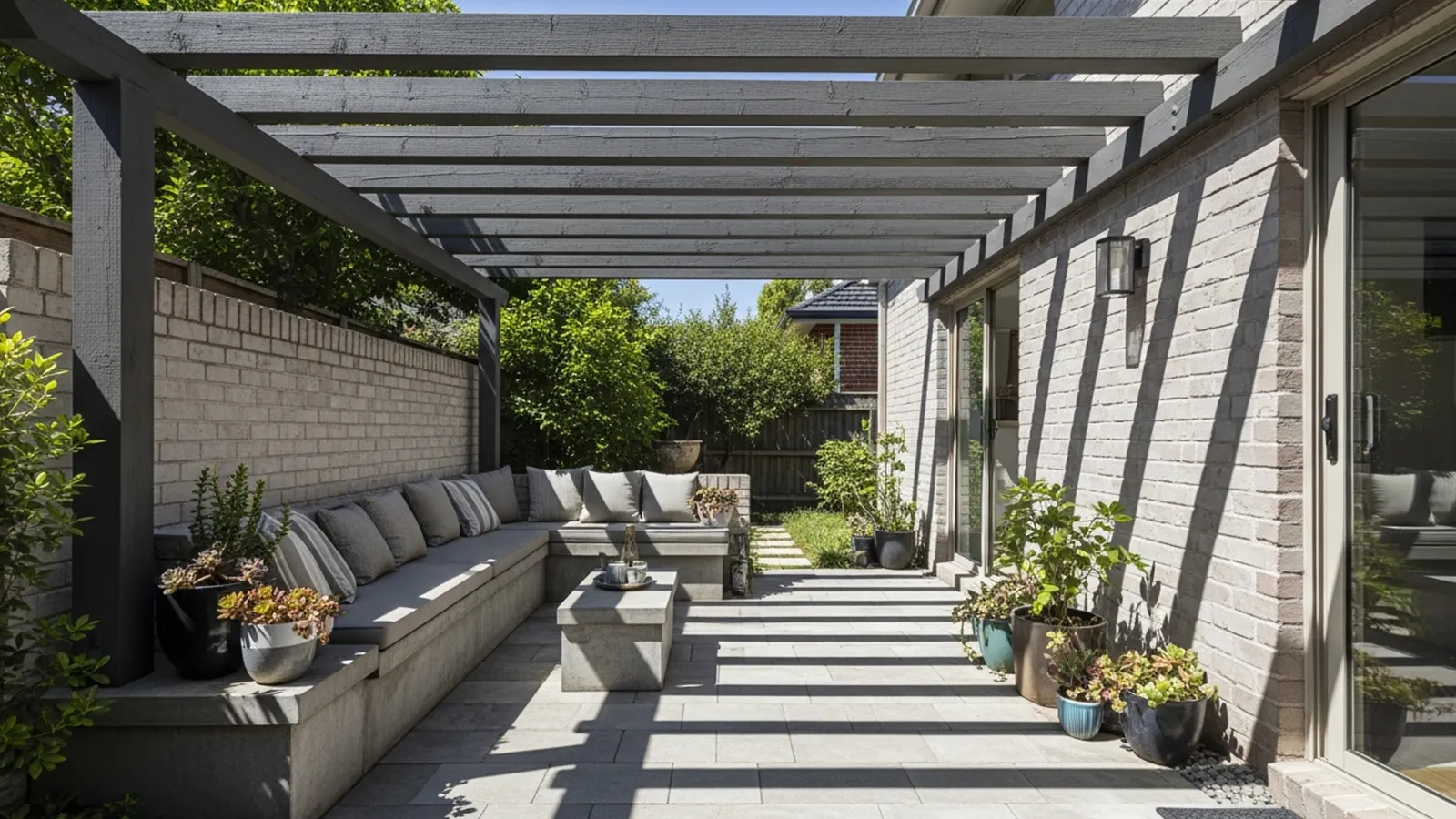 A small patio with a heavy pergola and fixed seating that creates shadowed corners and restricted circulation.