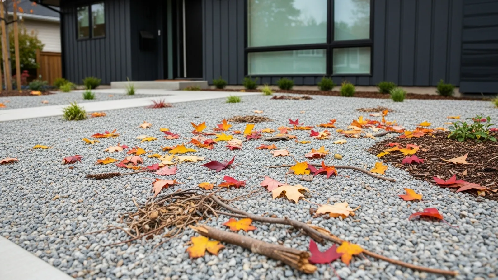 Autumn leaves and windblown debris collecting across a minimalist gravel front yard surface.