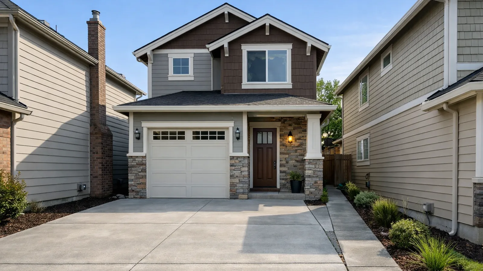 A narrow residential lot where an oversized driveway dominates the small front yard and crowds the entry walkway.