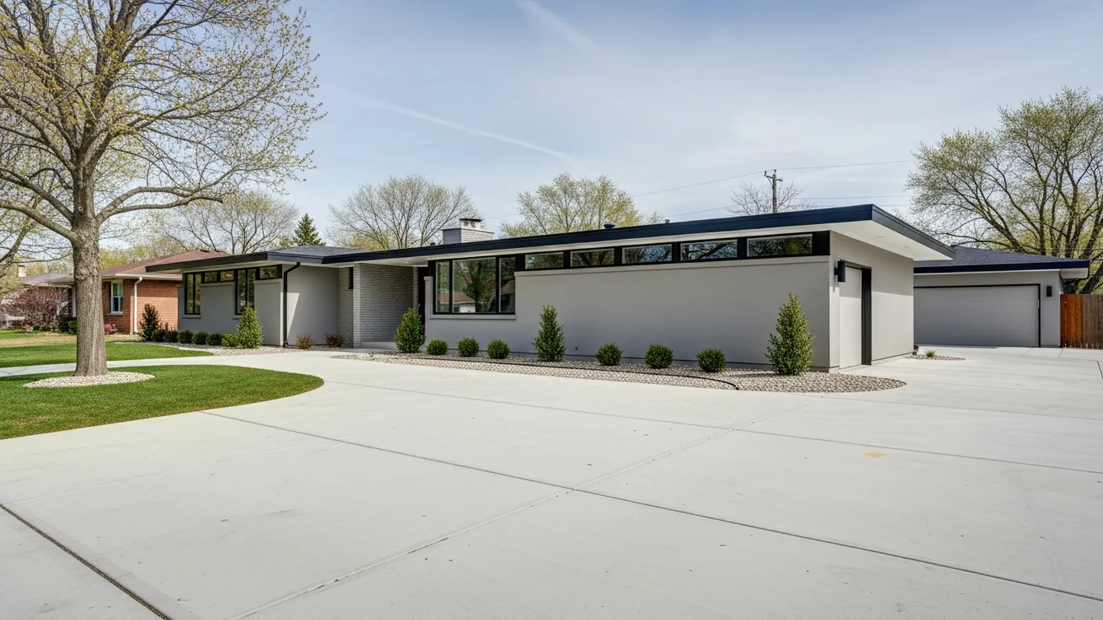 A suburban home where a wide concrete driveway visually dominates the front yard and limits green space.
