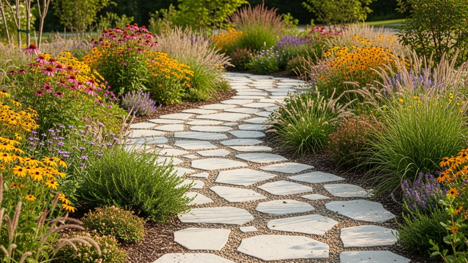 A sustainable front yard walkway built with permeable materials that manage water while blending into the landscape.
