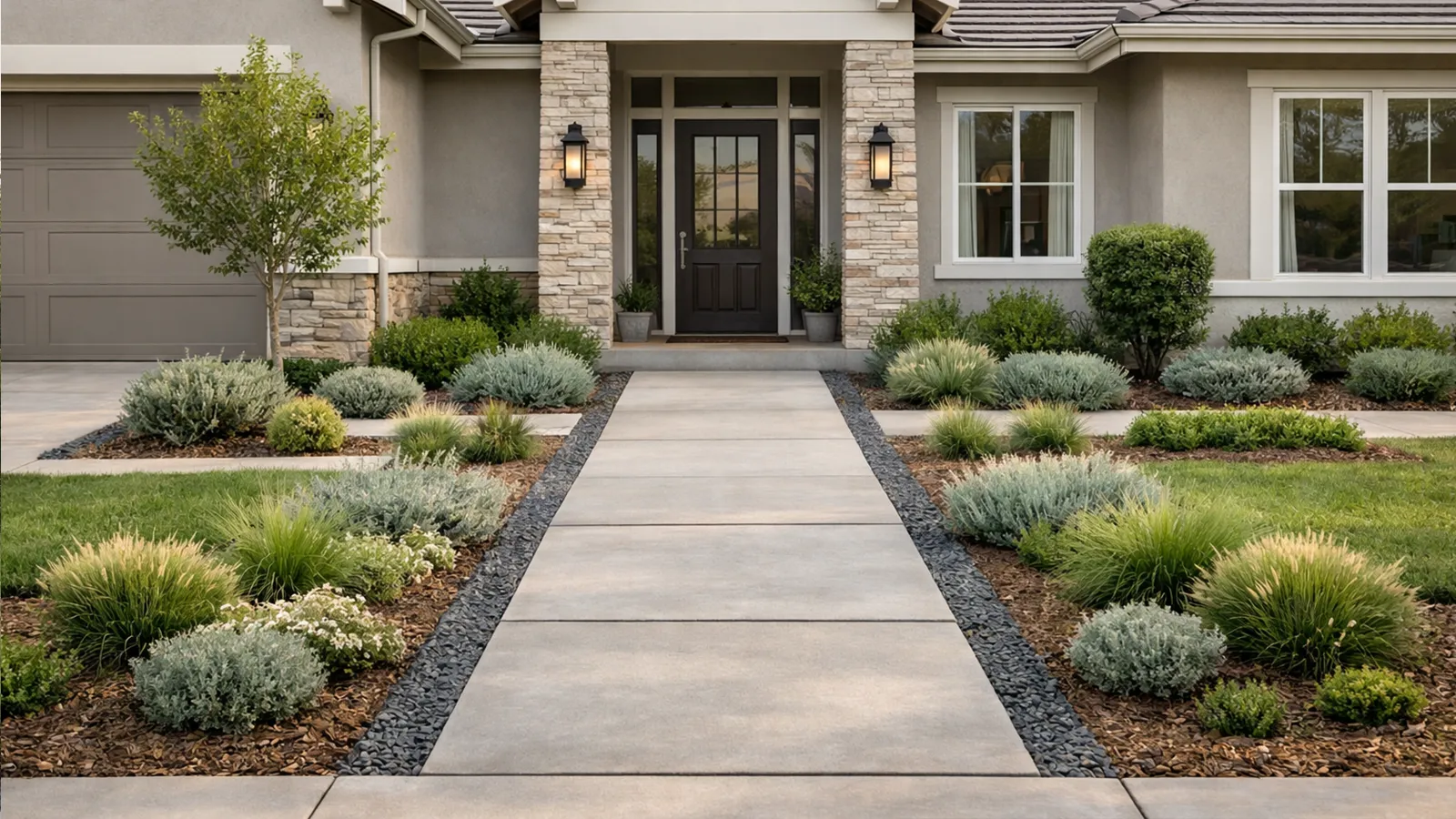 A simple front yard with clear sightlines from the street to the front door, reinforcing a clean and organized appearance.
