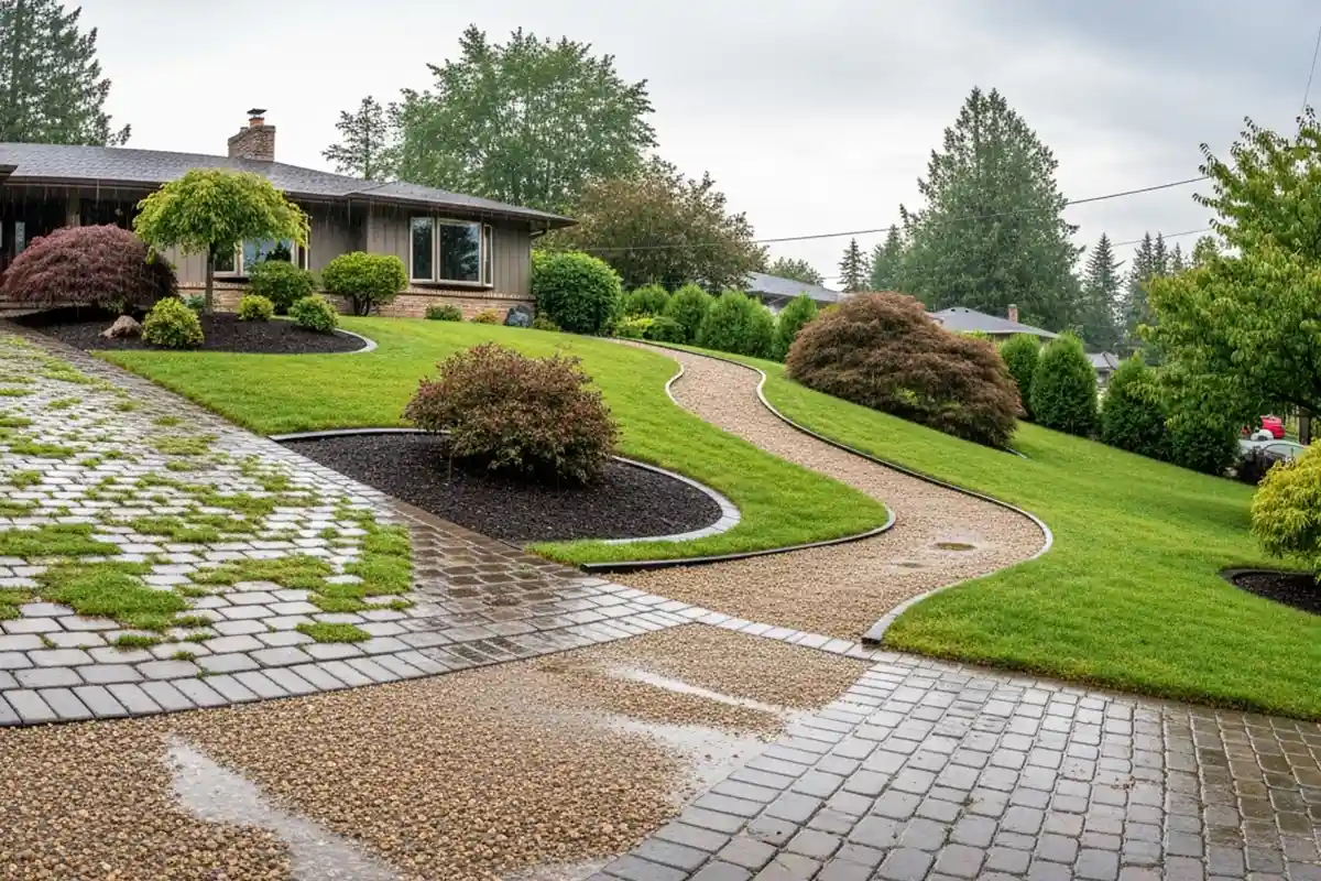 A sloped front yard featuring permeable pavers and gravel pathways allowing water to drain naturally.