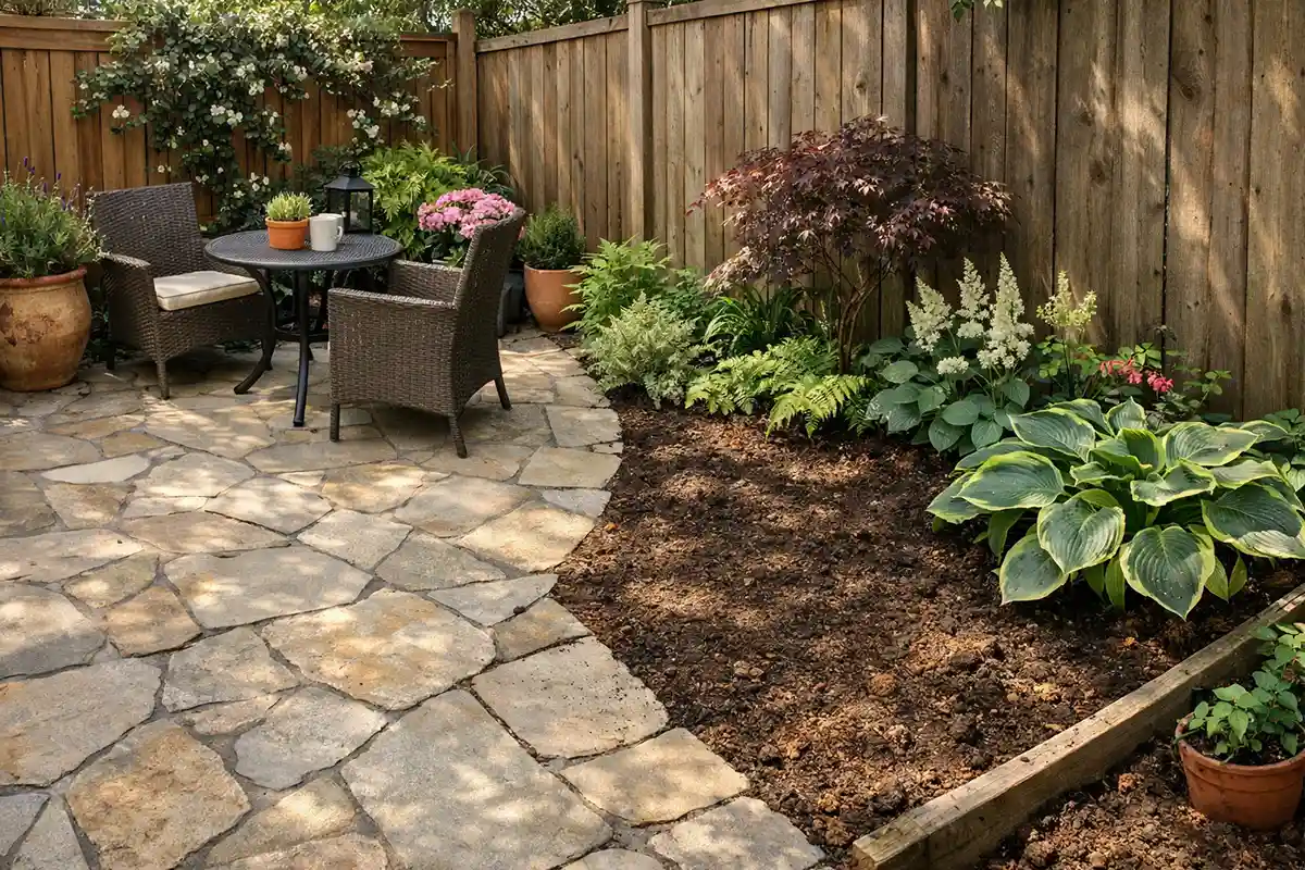 A compact lawn-free backyard showing contrasting sunny and shaded zones with hardscape and planting beds.