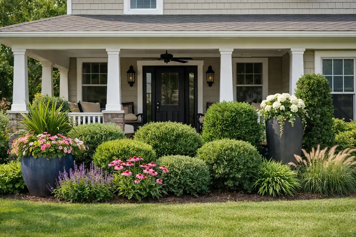 A suburban front porch uses layered planters and shrubs to create subtle visual filtering from the street.