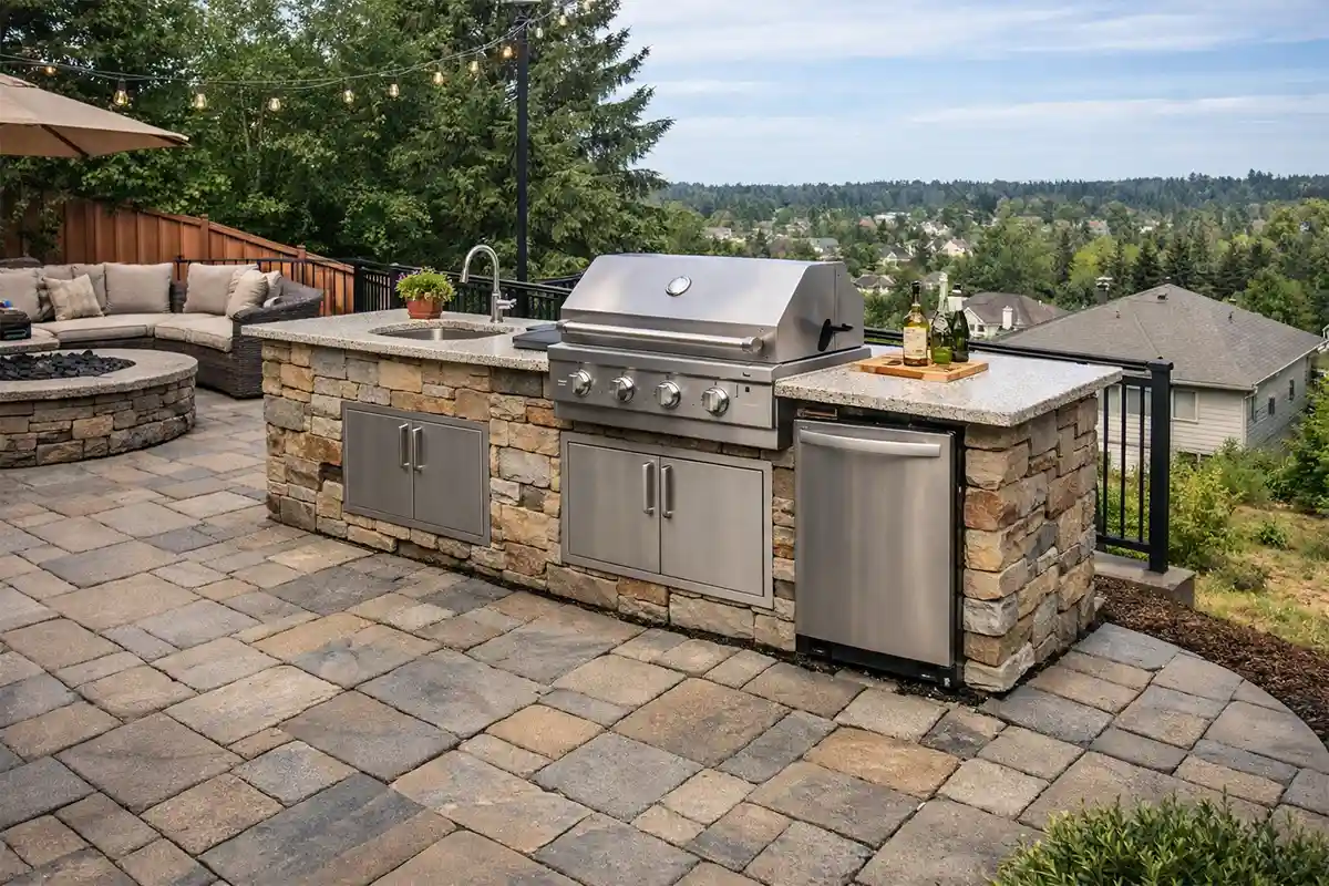 Outdoor kitchen setup placed on the lower edge of a sloped patio showing subtle settling beneath heavy appliances.