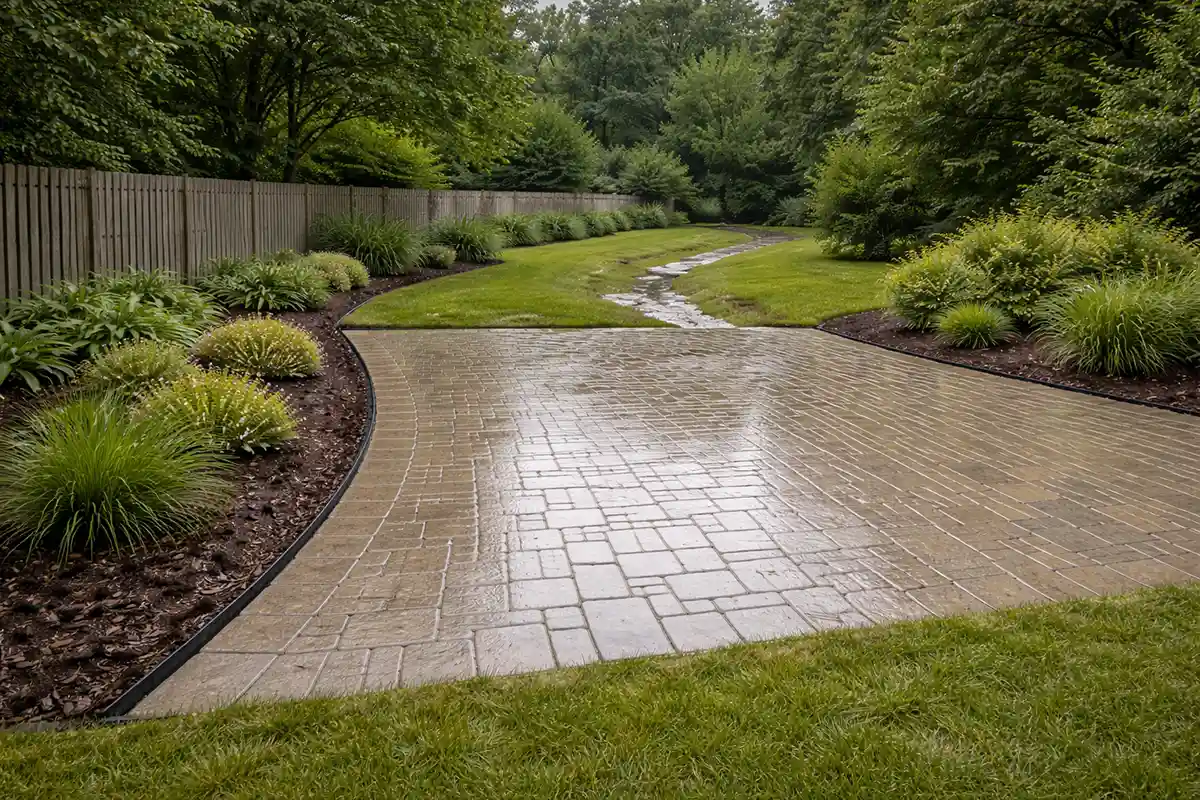 Patio draining into properly graded yard with visible runoff direction.