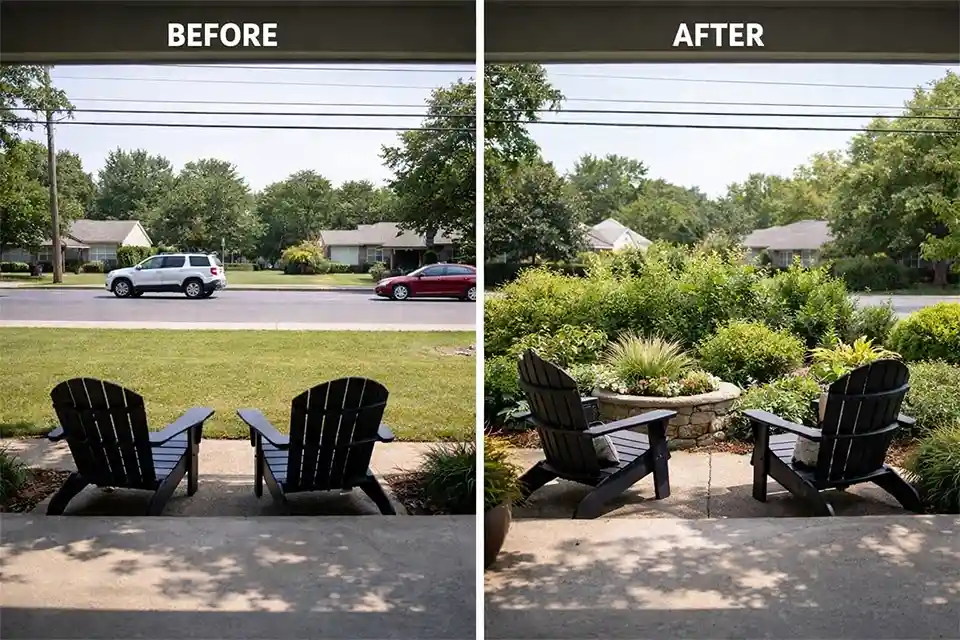 Before and after front yard privacy improvement with inward-facing porch seating and layered planting on a busy street