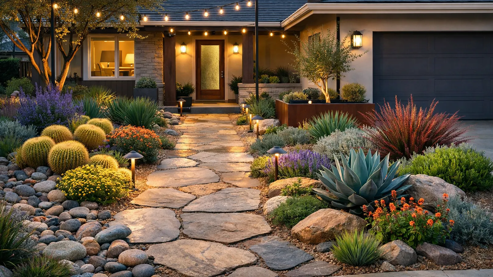 Lawn-free front yard designs adapted to different climates using appropriate materials and plant selections.