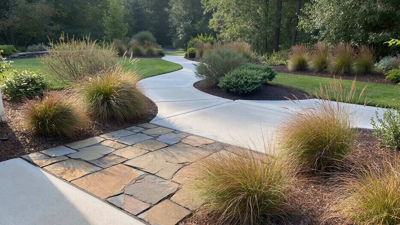 A front yard walkway bordered by native plants that define the path without blocking movement or views.