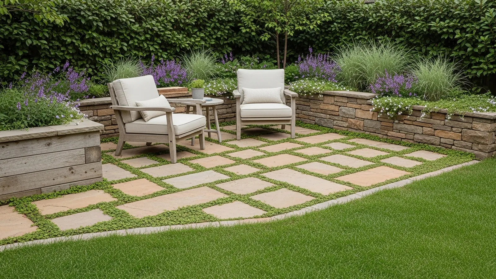 A compact patio blending softly into surrounding lawn and planting beds without clear edge definition.