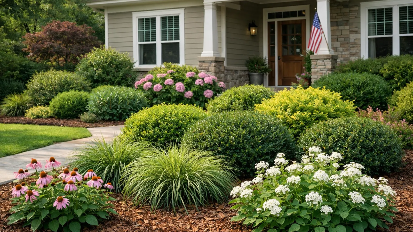 A well-balanced suburban front yard with layered planting, proper spacing, and organic mulch reducing weed growth.