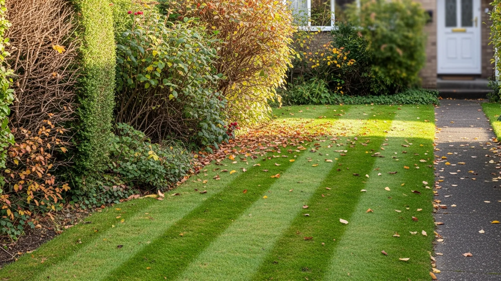A suburban front yard showing uneven mowing, partially trimmed hedges, and inconsistent maintenance.