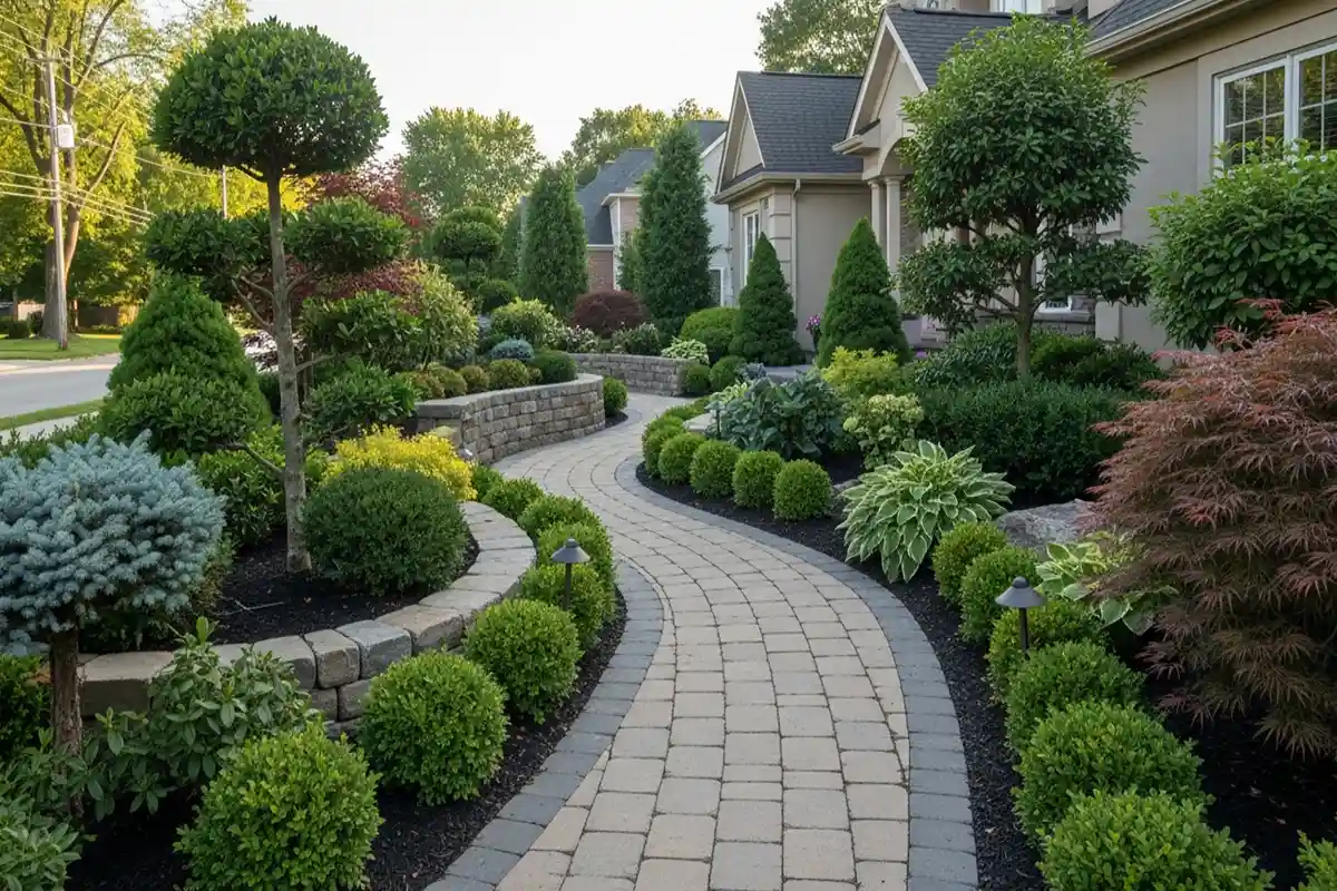 A suburban front walkway framed by shrubs and small trees that shape visibility without blocking access.
