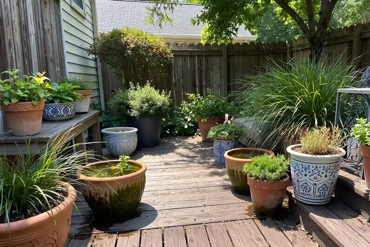 A compact patio filled with multiple plant containers showing varied moisture levels and crowding.
