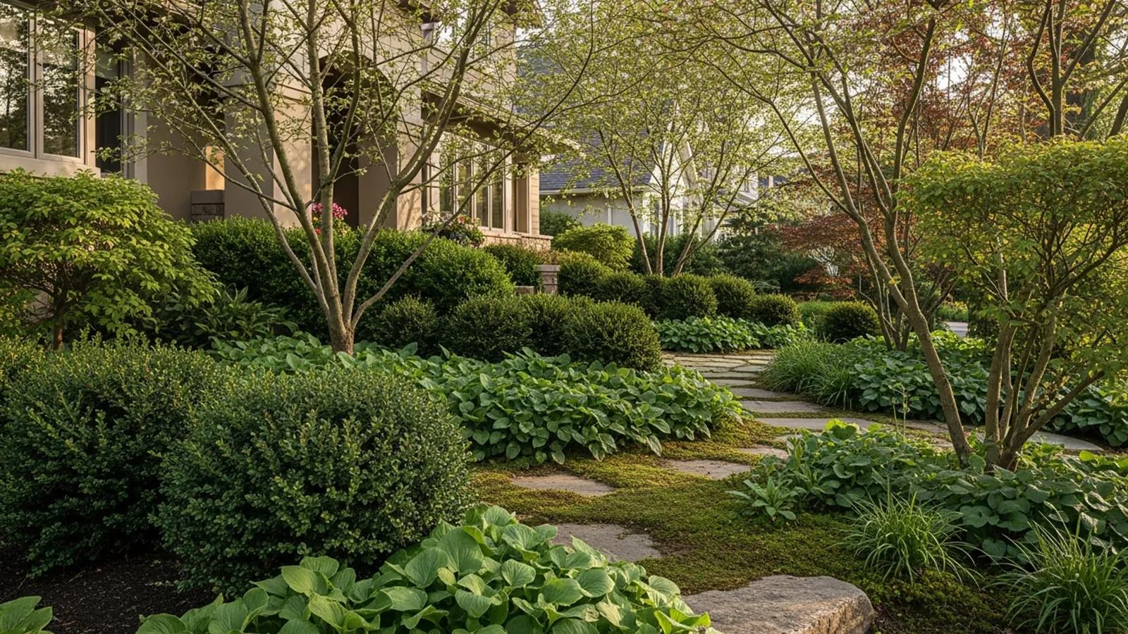 A lawn-free front yard that creates privacy through layered planting and spatial depth instead of fences.