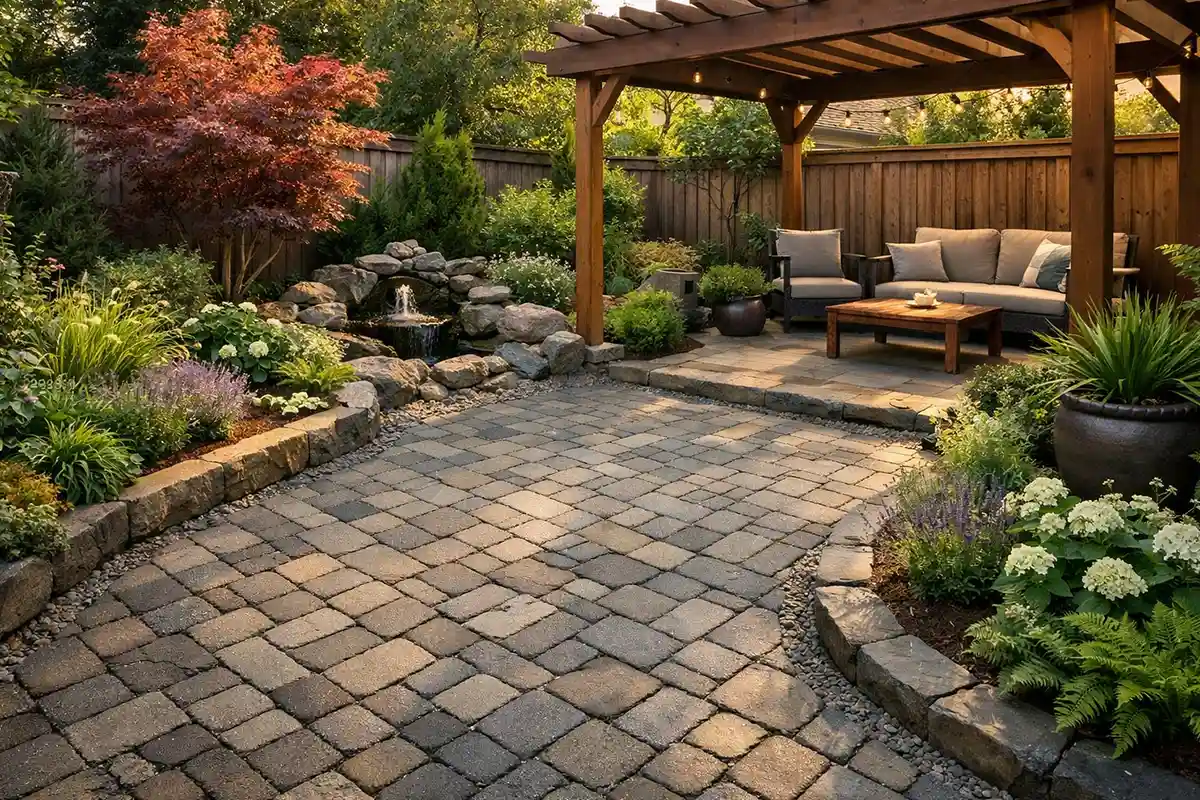 A small lawn-free backyard showing regraded surfaces, permeable pavers, and added shade elements to improve drainage and heat control.