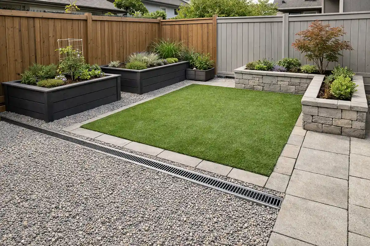 A compact modern backyard combining gravel, artificial turf, and raised beds in a tightly planned layout.