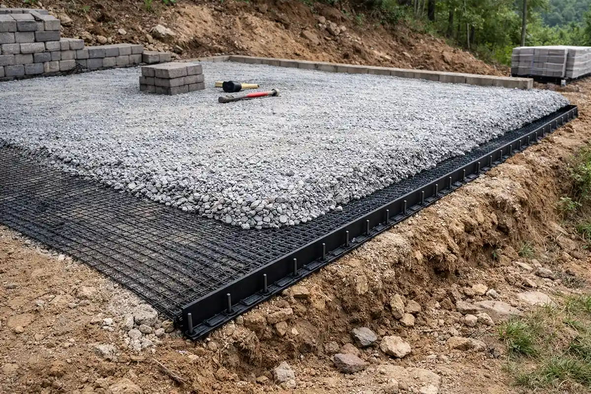 Reinforced patio base on sloped ground with geogrid stabilization and compacted gravel layers visible during installation.