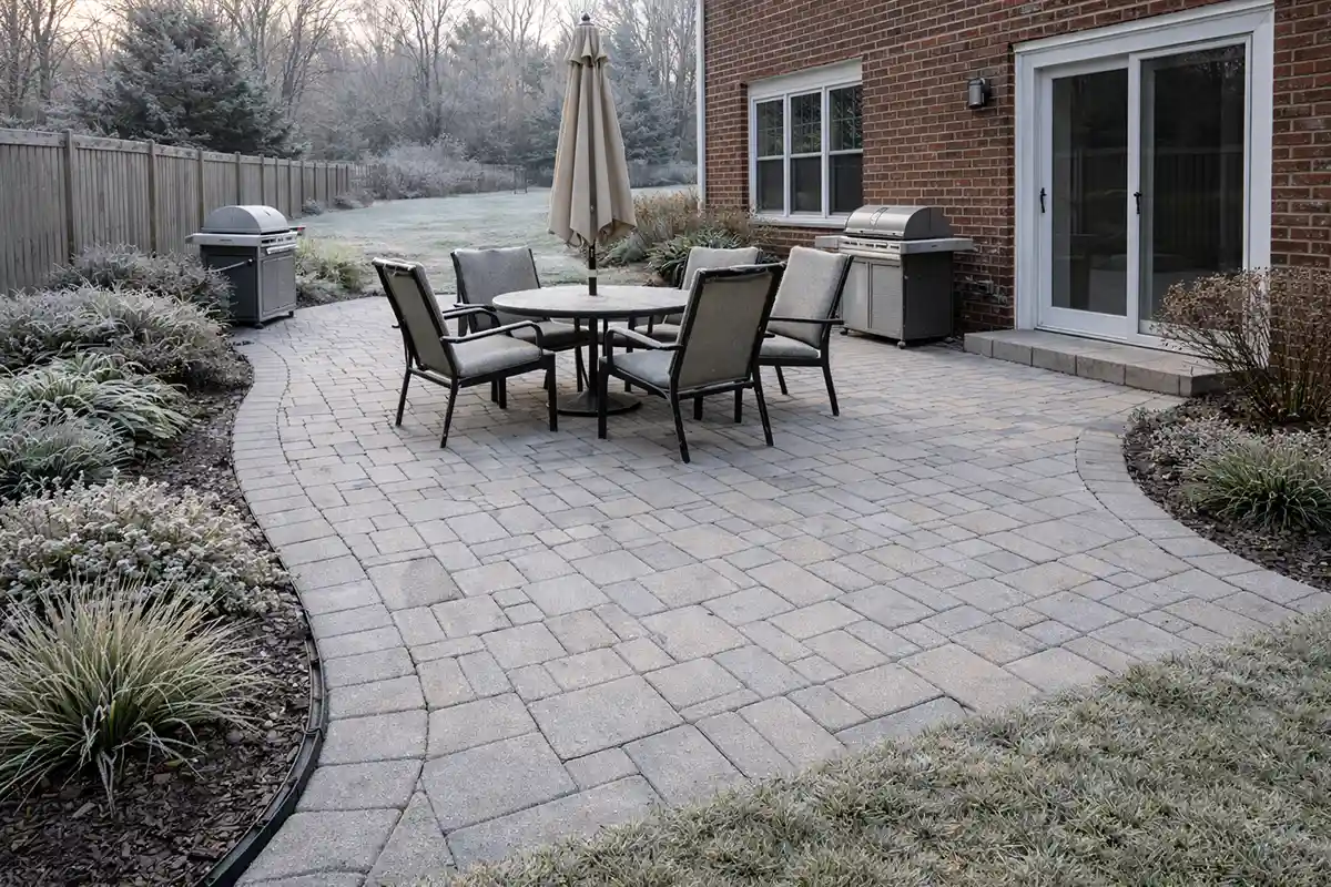 Residential patio with visible expansion spacing designed to handle seasonal movement in a northern climate.