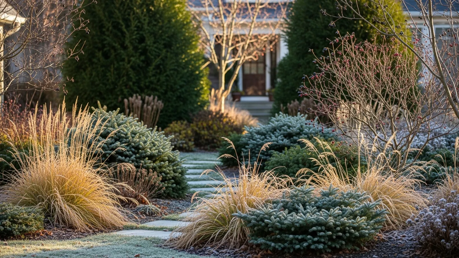 A front yard landscape using native plants that maintains structure and visual interest across multiple seasons.