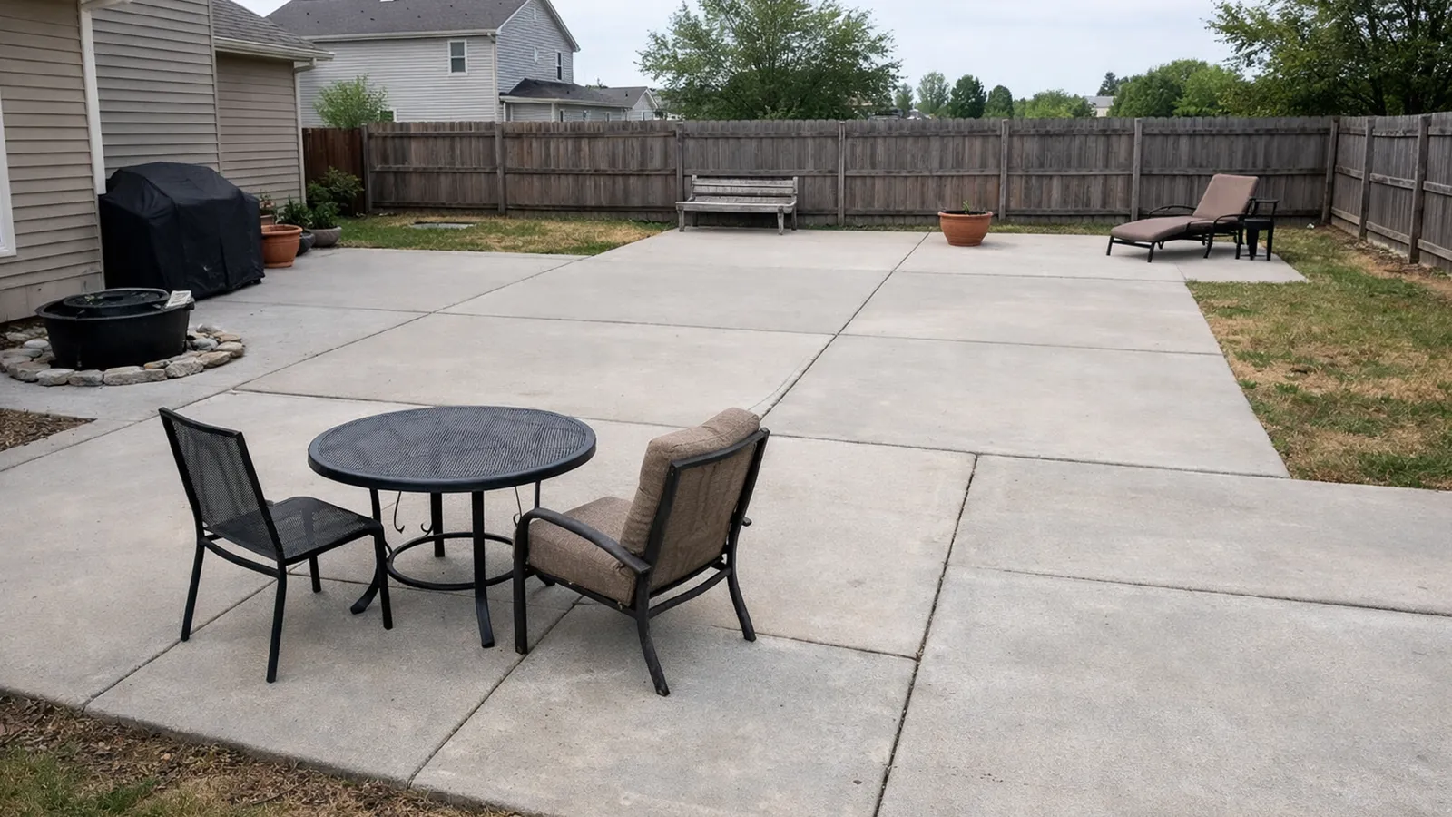 A patio where oversized walkways dominate the layout, leaving limited space for comfortable seating and use.