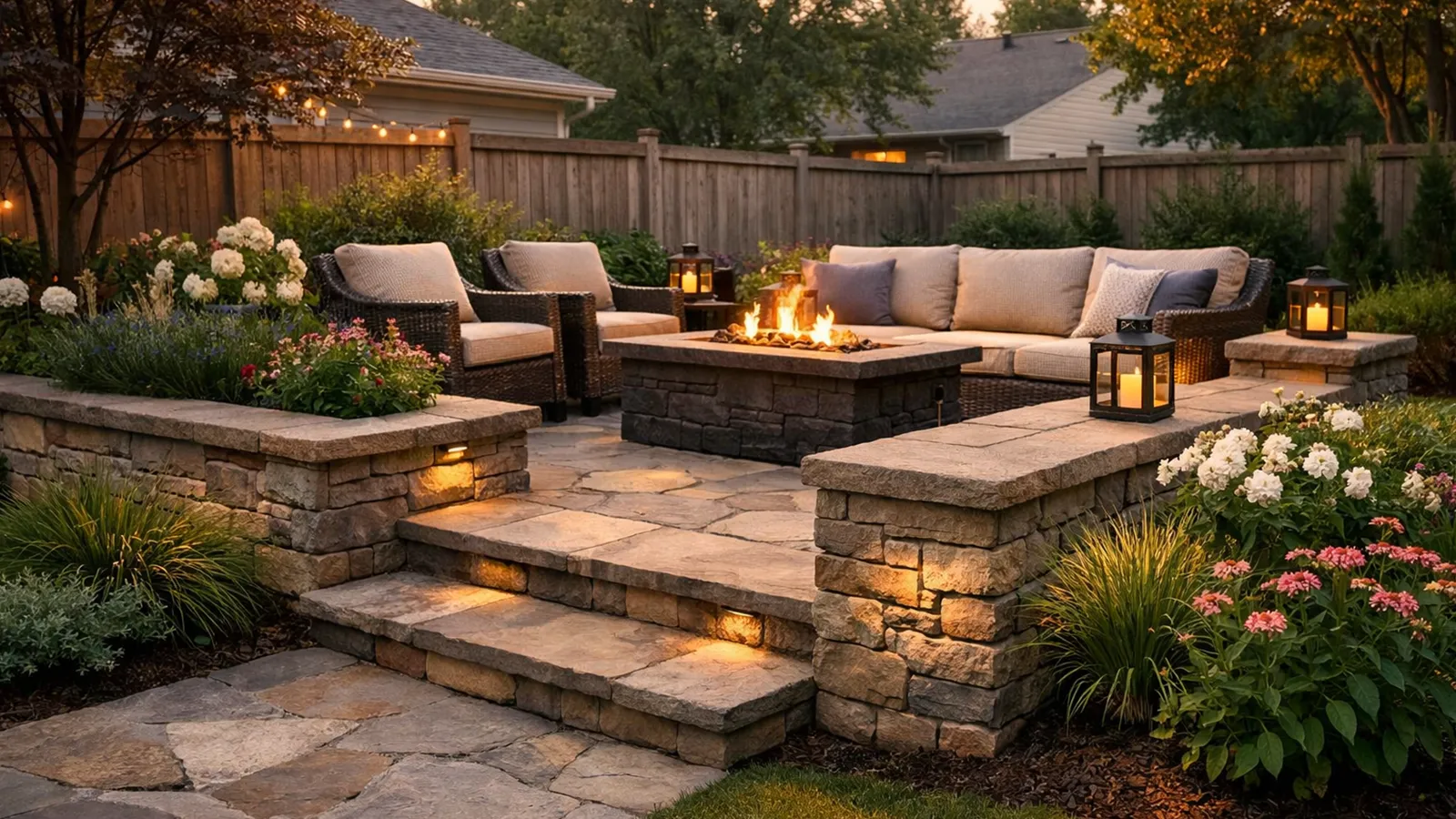 A small patio with a subtle elevation change and raised planter that defines seating without reducing usable floor space.