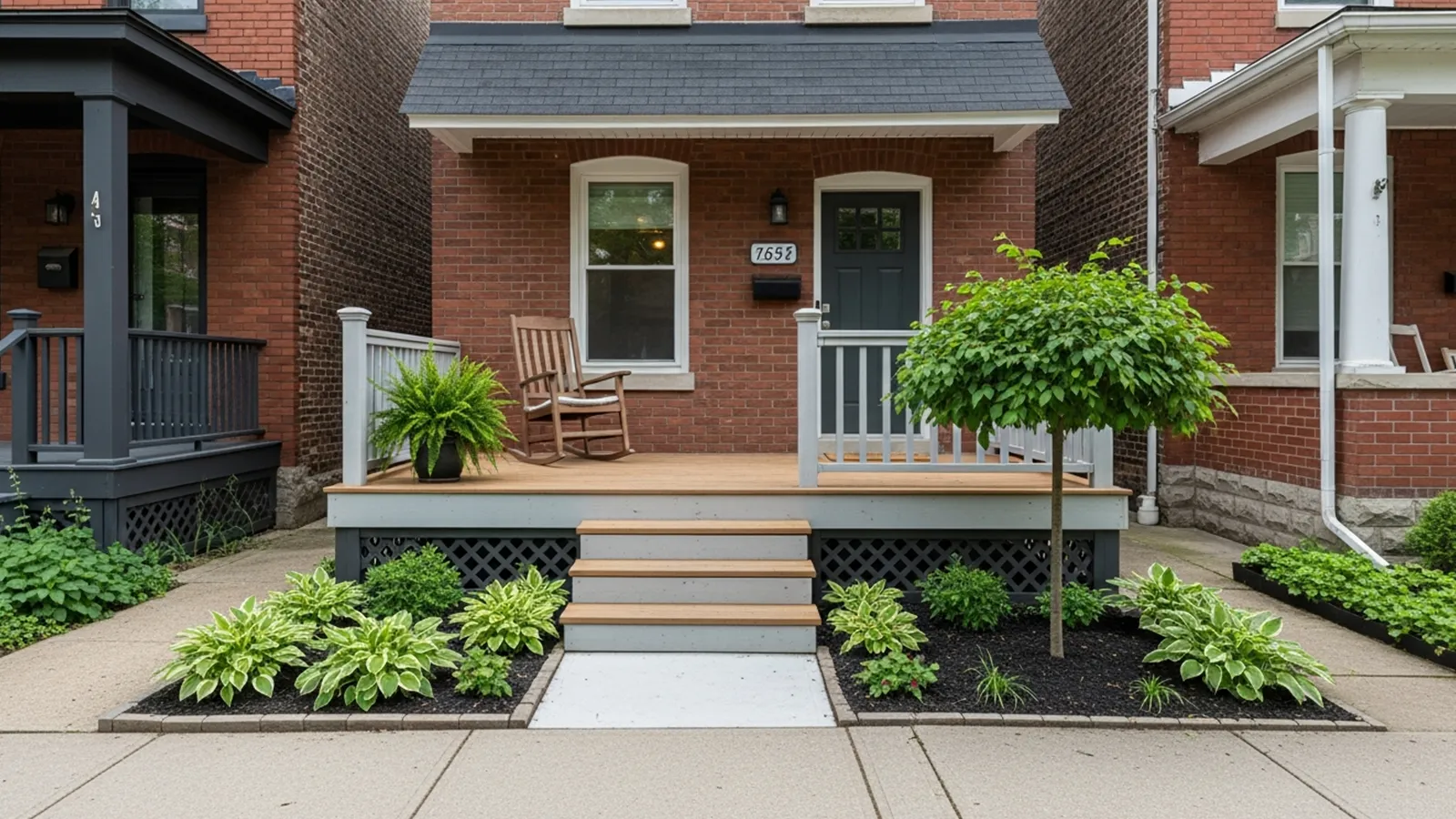 A narrow front yard where the porch sits directly exposed to the sidewalk without a defined transition zone.