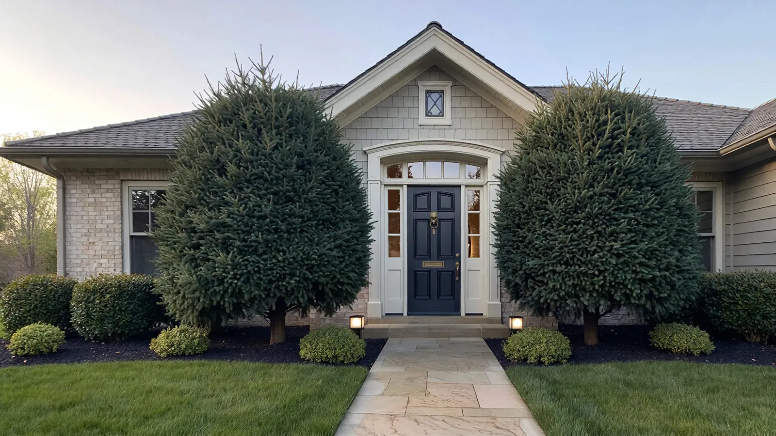 A suburban front entrance clearly framed by balanced landscaping and subtle pathway lighting.