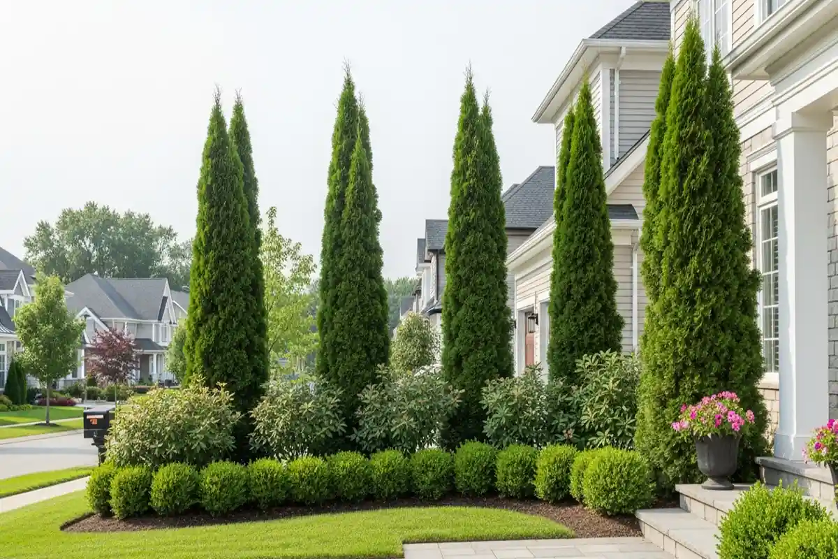Columnar evergreen trees positioned strategically to block upper-level sightlines in a suburban yard.