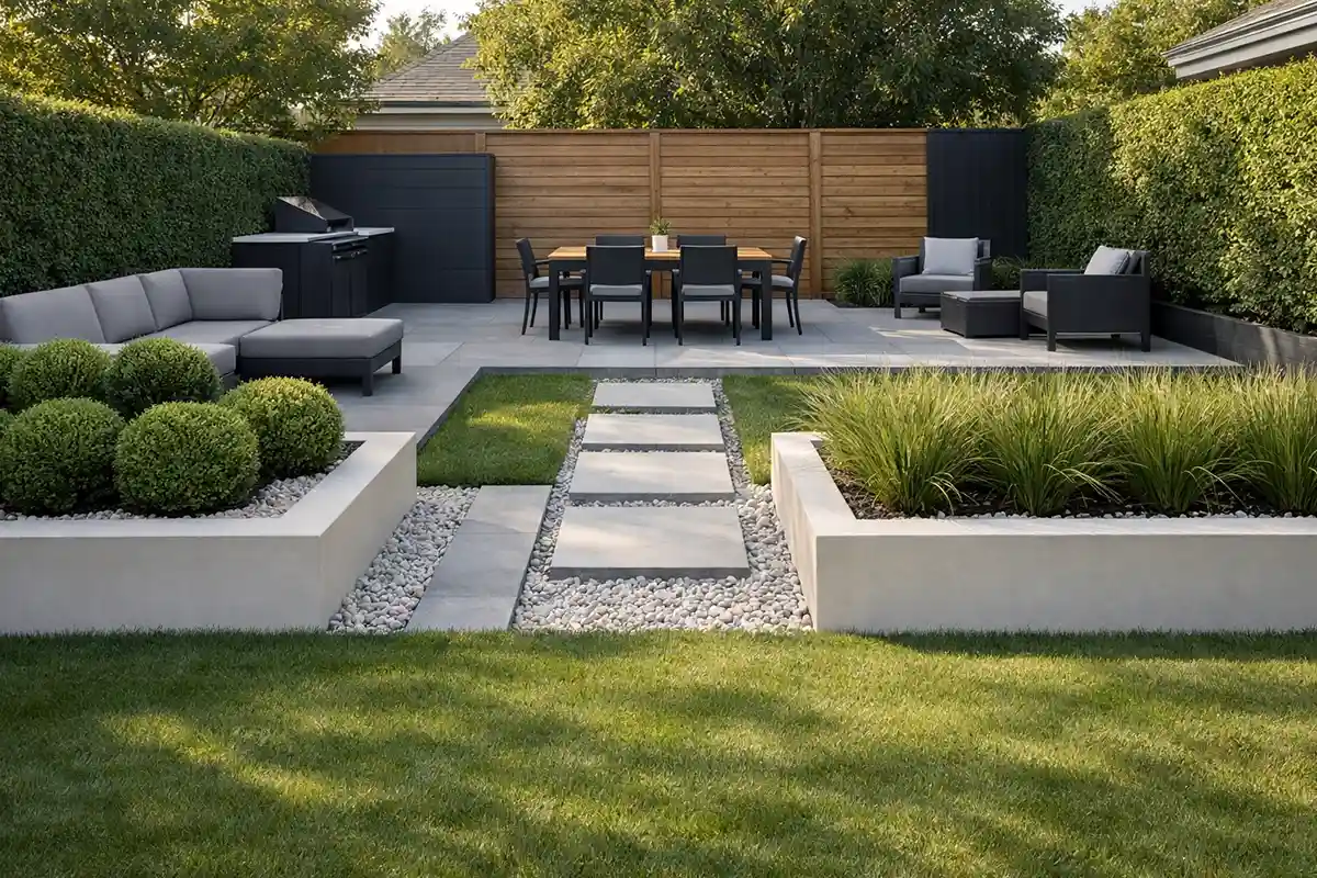 A simplified small garden layout with fewer plant varieties and clearly defined planting zones.