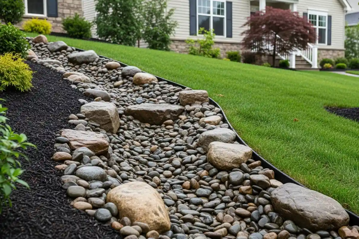 A sloped suburban front yard featuring a dry creek bed with river rocks guiding stormwater downhill.