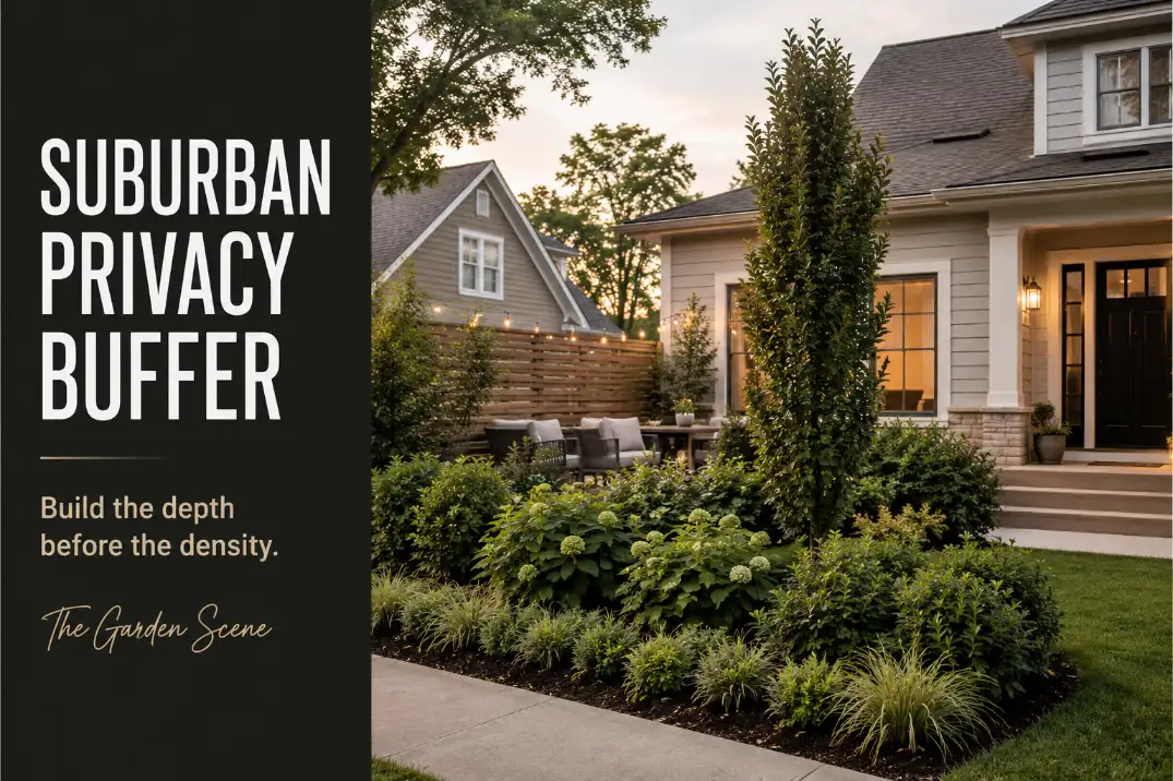 Layered suburban yard privacy buffer showing planting depth, sightline control, and an open front entry.