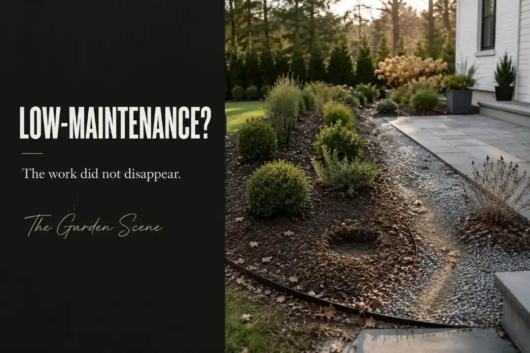 Low-maintenance garden with hidden maintenance pressure around edges, planting gaps, surfaces, and water paths.