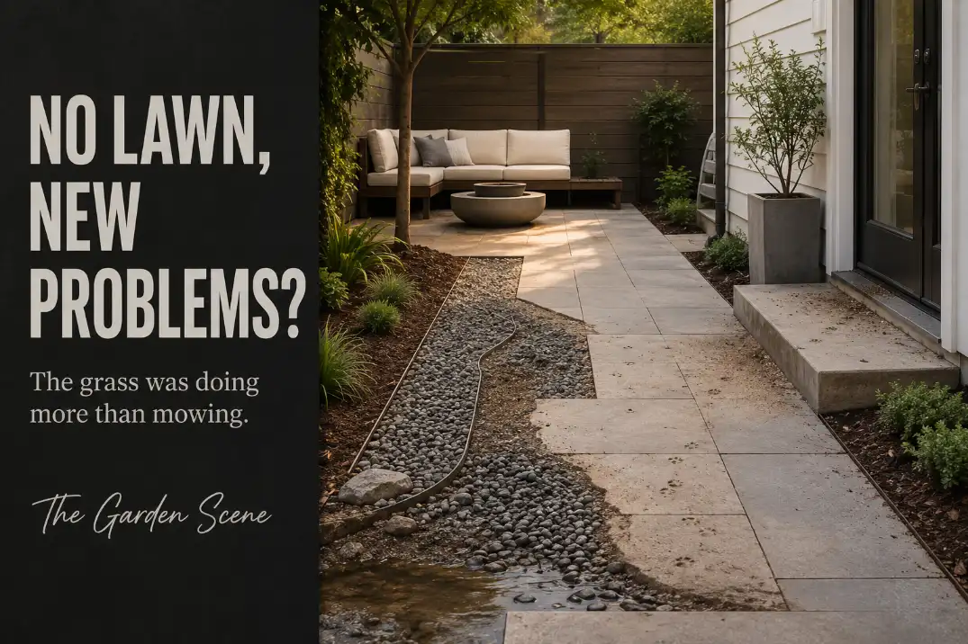Small lawnless garden showing hidden heat, runoff, dust, pet-use, and maintenance pressure zones.
