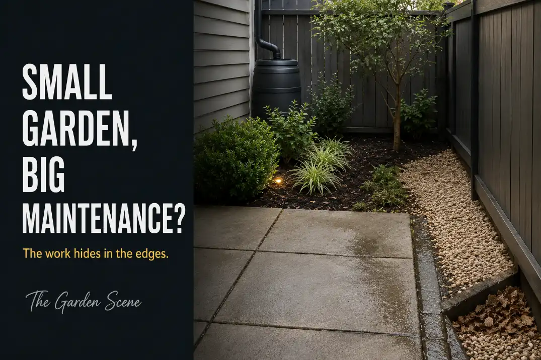 Small garden with visible edge, surface, runoff, and plant pressure zones that can increase maintenance.