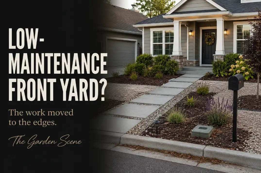 Low-maintenance front yard with visible edge, curb, driveway, and planting maintenance pressure.