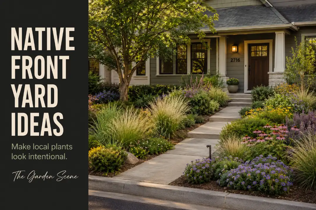 Native plant front yard with defined edges, clear entry views, and structured planting from the curb.