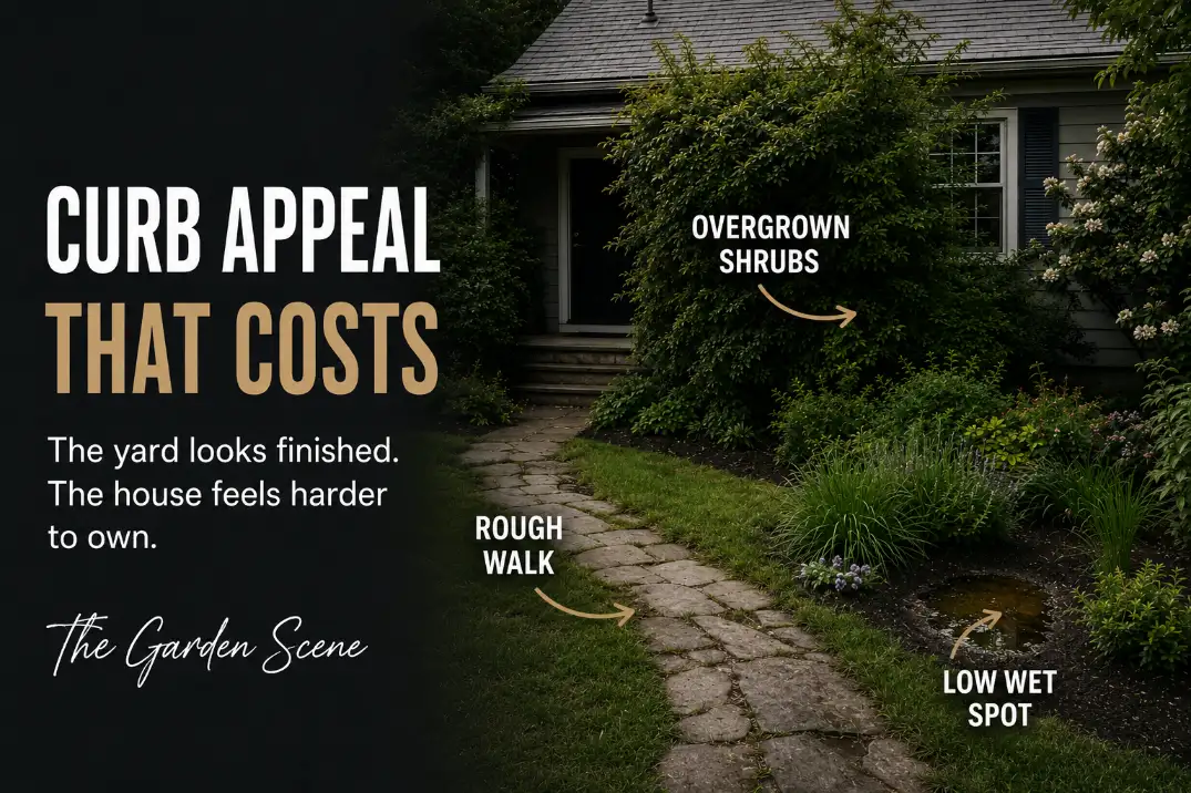 Front yard with overgrown planting, a rough walkway, and drainage issues showing landscaping mistakes that can hurt home value.