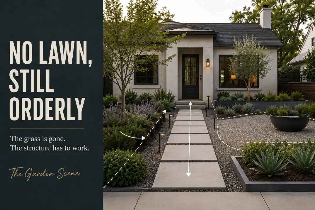 No-lawn front yard design with clear path, open space, planting zones, edges, and visible entry structure.