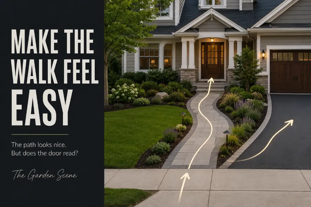 Front yard walkway route showing a clear approach from sidewalk and driveway to the front door.