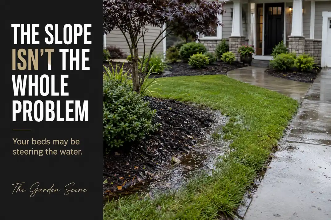 Sloped front yard after rain showing mulch movement, wet grass, and water guided by front yard landscaping.