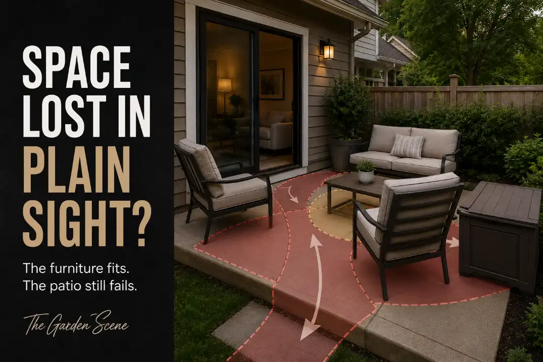 Small patio layout showing furniture, chair pullback, storage, and walking route conflicts that waste usable space.