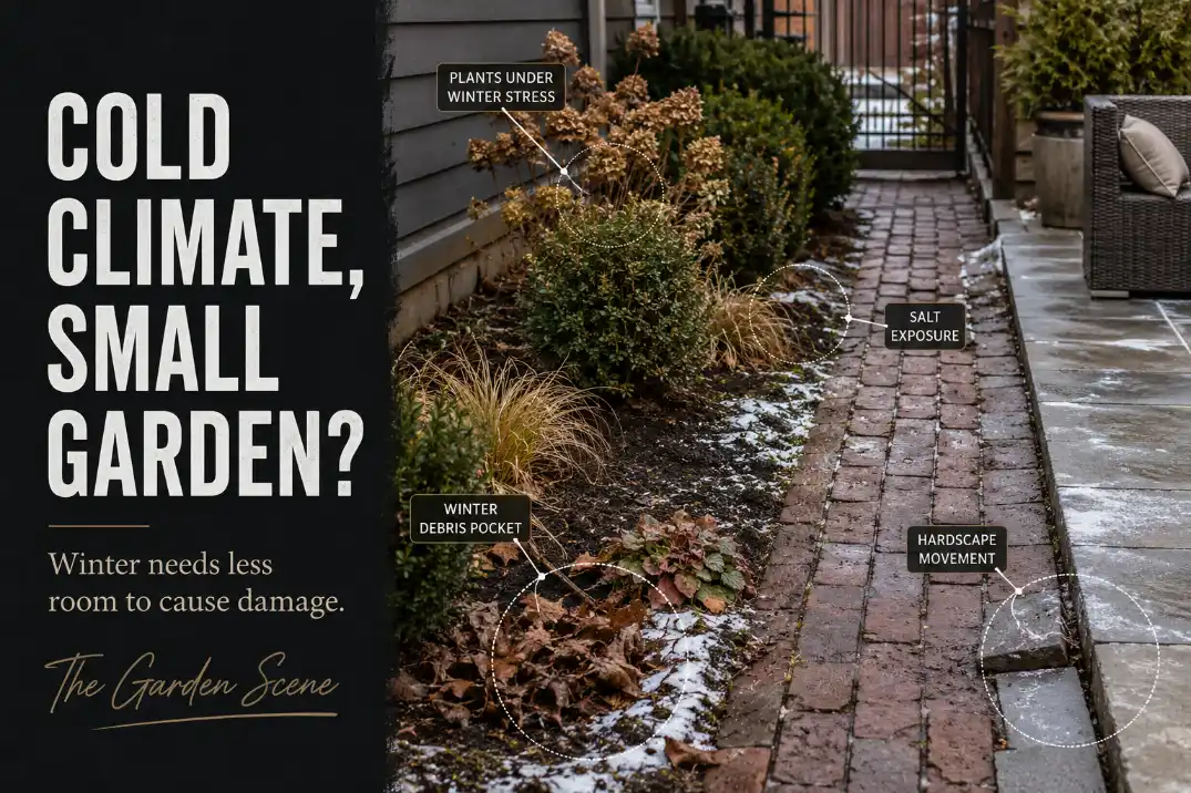 Small cold-climate garden with overlays showing freeze-thaw edges, salt stress, winter debris, and hardscape movement.