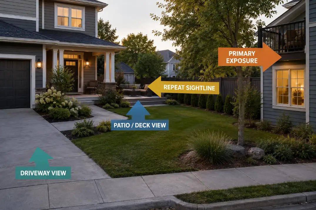 Suburban yard diagram showing primary exposure zones, repeat sightlines, patio view, and driveway view.