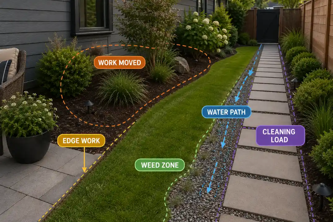Low-maintenance garden overlay showing maintenance moving into edges, weeds, water paths, and cleaning areas.