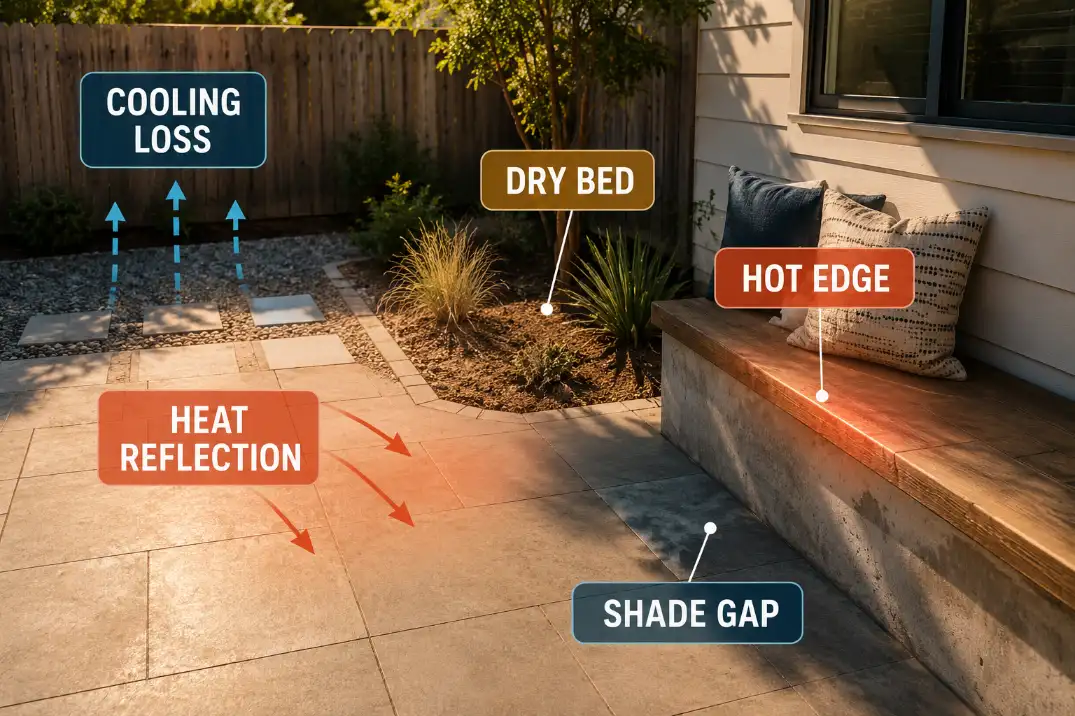 Small no-lawn garden showing heat reflection, dry beds, shade gaps, and lost cooling zones.