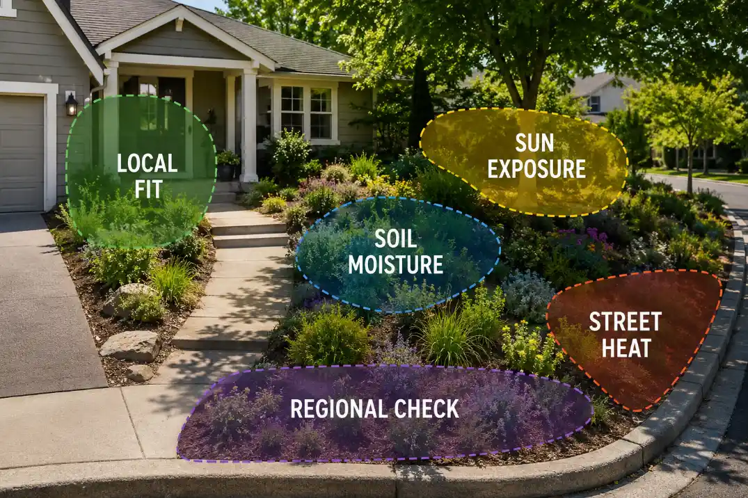 Front yard overlay showing local fit, sun exposure, soil moisture, street heat, and regional checks before choosing native plants.